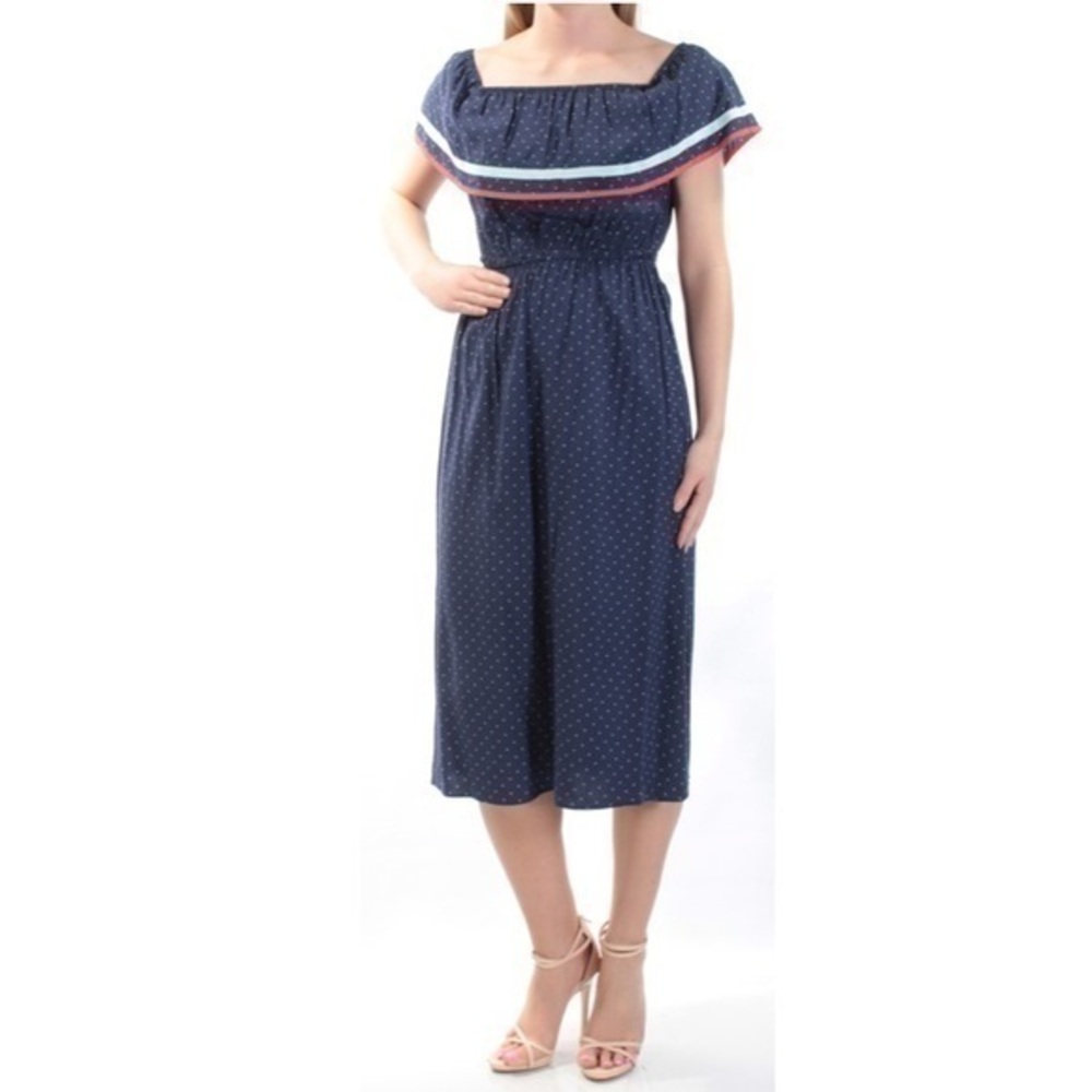 MAISON JULES NAVY POLKA DOT MIDI BLOUSON DRESS